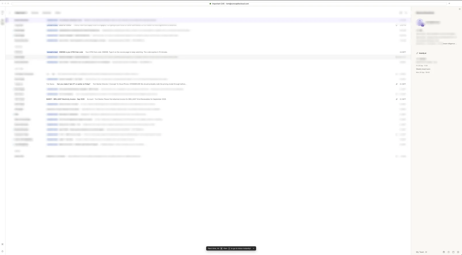DeepSeek v4.1 Flash's attempt: a clean inbox with grouped date headers and a right-hand reading pane. The message list is blurred.