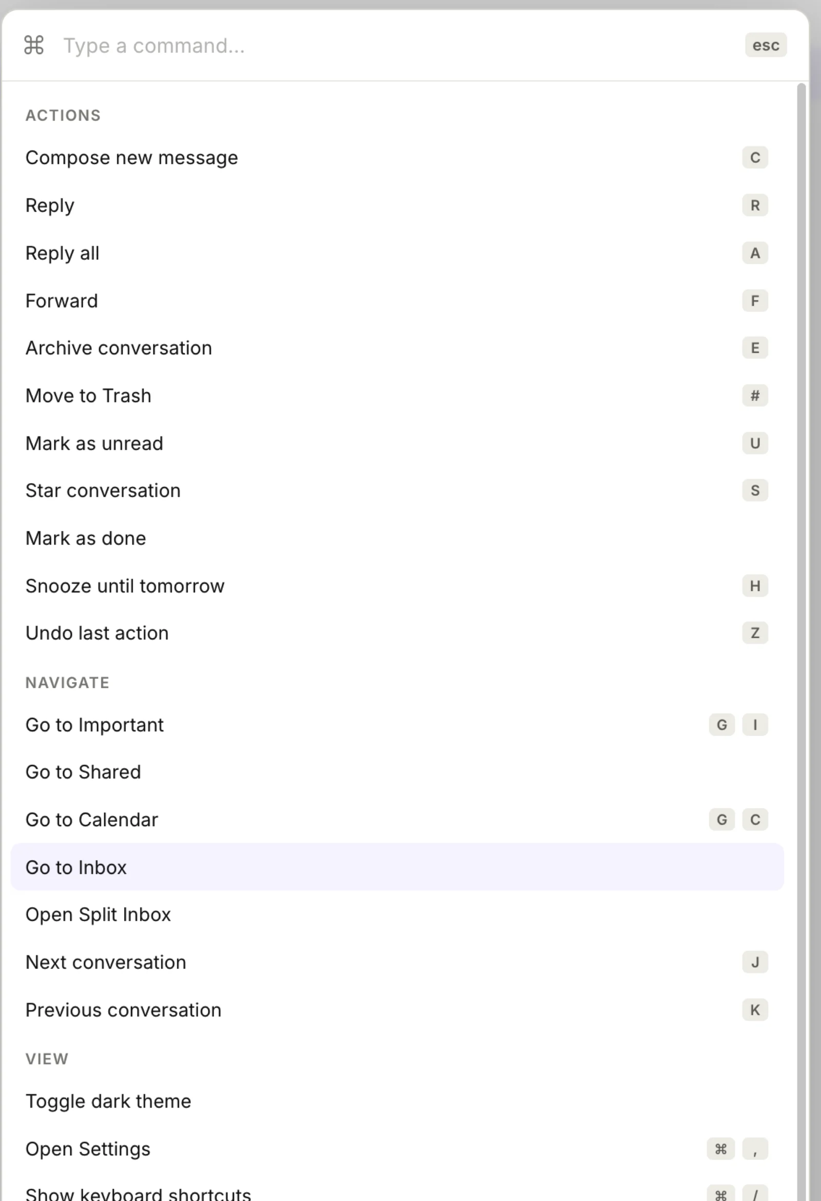 DeepSeek's command palette, grouped into Actions, Navigate and View, with shortcuts alongside each command.