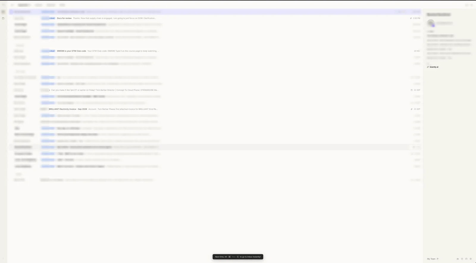 GLM 5.3 Flash's attempt: a wide, information-dense inbox with a compact message list and a right-hand detail pane. The message list is blurred.