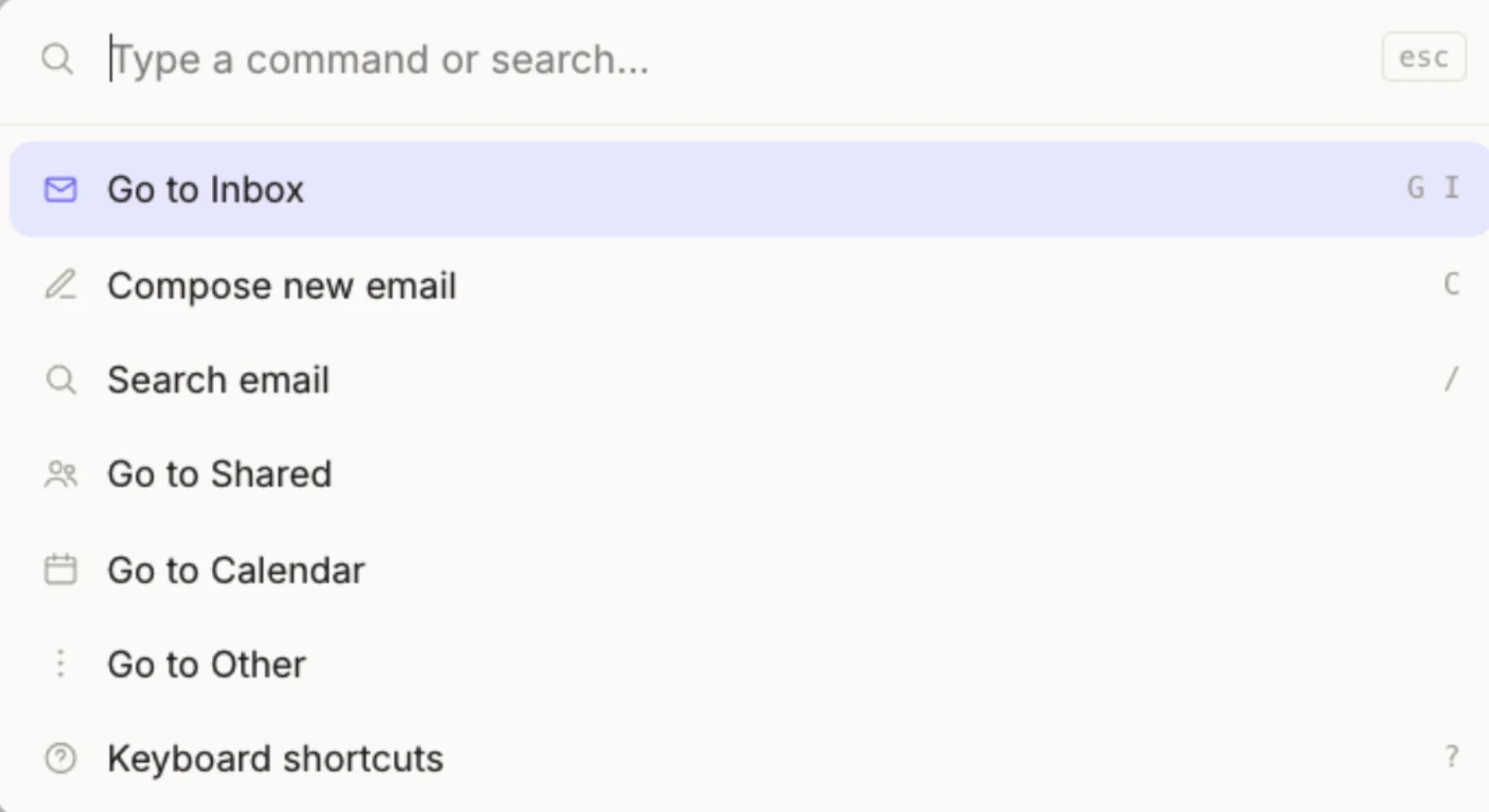 GLM's command palette: a compact list with Go to Inbox, Compose new email, Search email, Go to Shared, Go to Calendar and Keyboard shortcuts.
