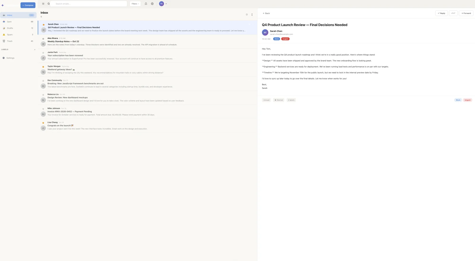 Ling 3.0's attempt: a light two-pane layout with a message list on the left and an open message on the right. Like Nemotron, it generated its own placeholder inbox rather than reproducing the supplied one.