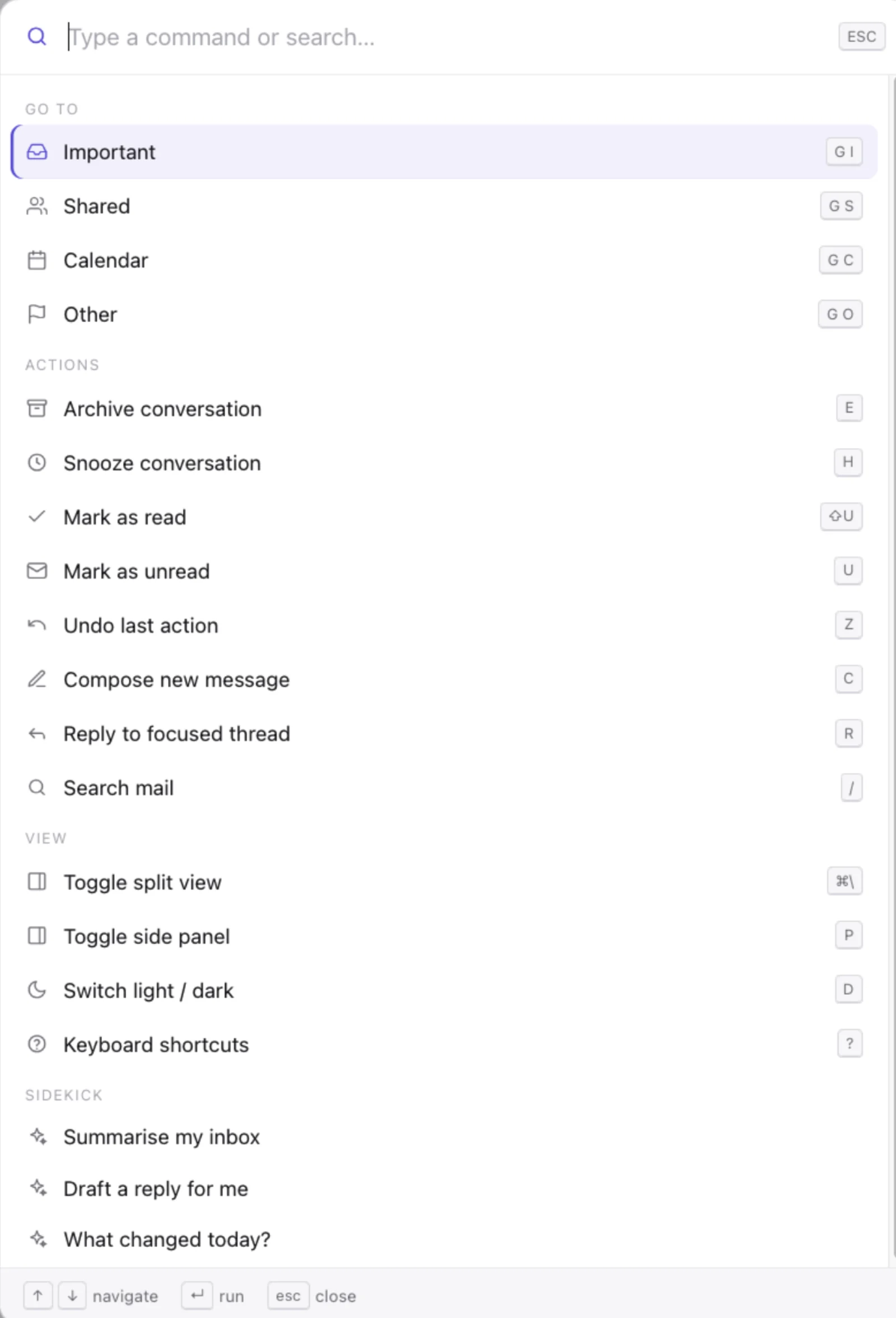 Mimi's command palette, grouped into Go To, Actions, View and Sidekick, the last offering to summarise the inbox or draft a reply.