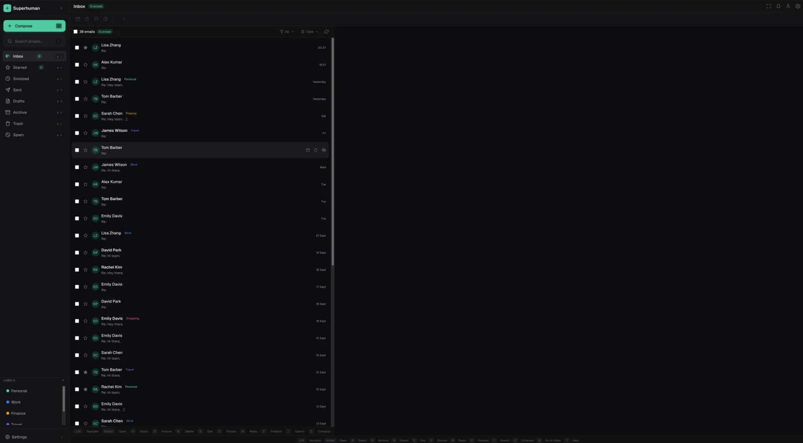 A closer look at Nemotron's message list, with invented contacts and category labels down the left-hand side.