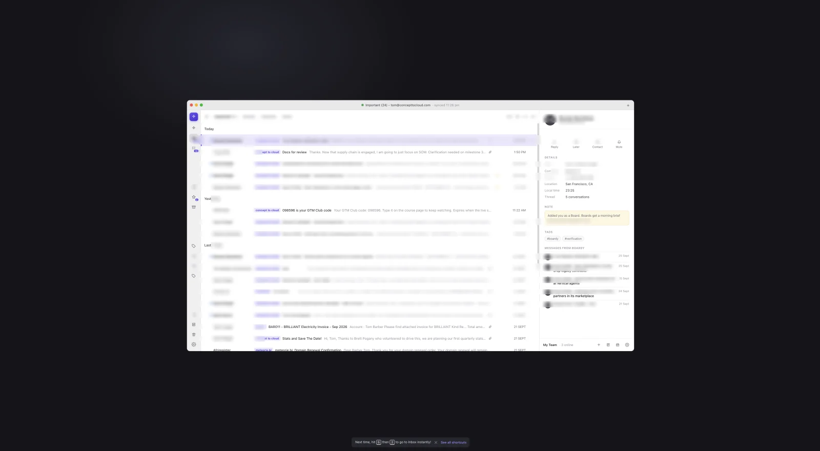 Space Bunny Alpha's attempt: a faithful three-pane layout with a tabbed inbox, a dense message list, and a contact detail pane on the right. The message list is blurred.