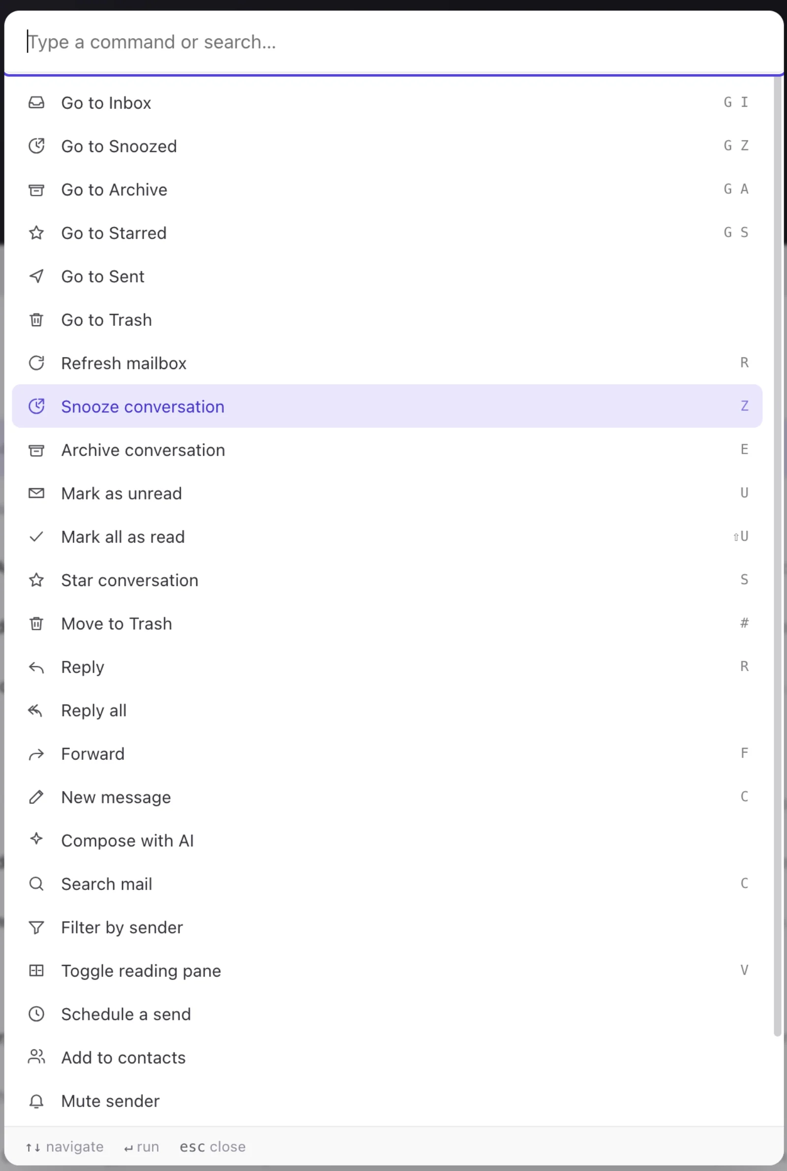 Space Bunny Alpha's command palette: a search field over a long list of commands including Go to Inbox, Snooze conversation, Archive conversation and Compose with AI, each with its keyboard shortcut.