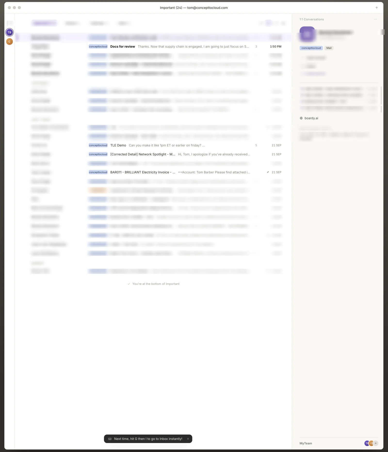 Tencent hy4-preview's attempt: the closest to the real thing, with tabbed navigation, a dense message list and a contact pane carrying relationship notes. The message list is blurred.