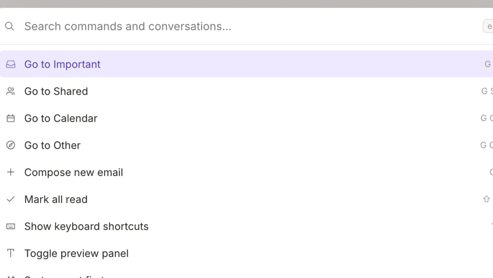 Tencent's command palette, with a search-commands-and-conversations field over Go to Important, Go to Shared, Go to Calendar, Compose new email and Toggle preview panel.